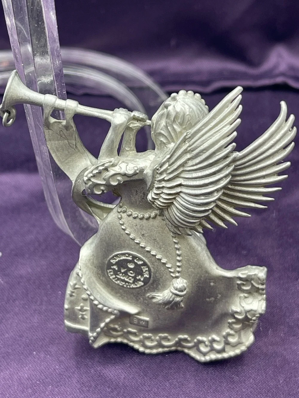 VTG Avon Annual Solid Pewter Ornament:  Year “2002” Christmas Angel Noel Trumpet